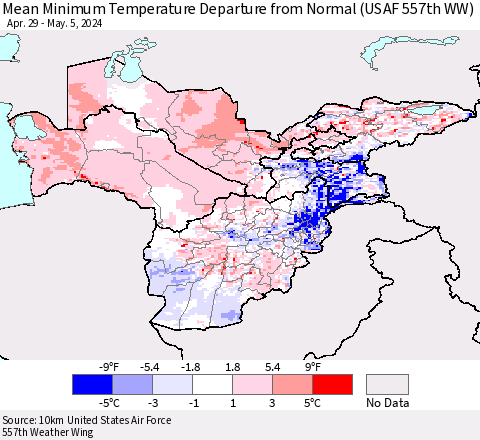 Central Asia Mean Minimum Temperature Departure from Normal (USAF 557th WW) Thematic Map For 4/29/2024 - 5/5/2024