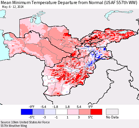 Central Asia Mean Minimum Temperature Departure from Normal (USAF 557th WW) Thematic Map For 5/6/2024 - 5/12/2024