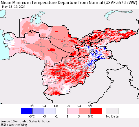 Central Asia Mean Minimum Temperature Departure from Normal (USAF 557th WW) Thematic Map For 5/13/2024 - 5/19/2024