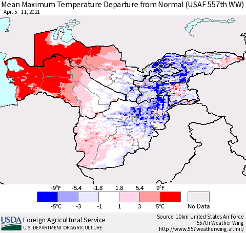 Central Asia Mean Maximum Temperature Departure from Normal (USAF 557th WW) Thematic Map For 4/5/2021 - 4/11/2021