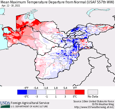 Central Asia Mean Maximum Temperature Departure from Normal (USAF 557th WW) Thematic Map For 4/12/2021 - 4/18/2021