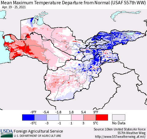 Central Asia Mean Maximum Temperature Departure from Normal (USAF 557th WW) Thematic Map For 4/19/2021 - 4/25/2021