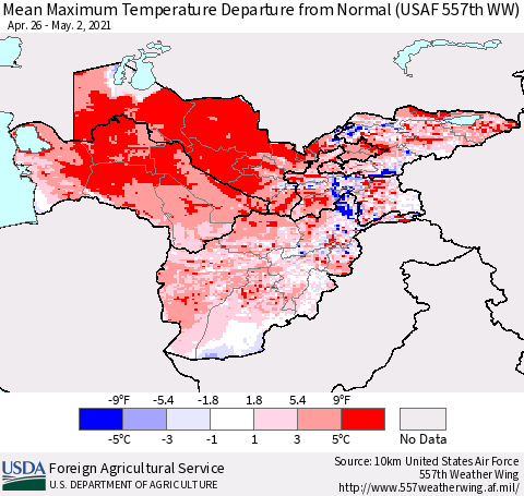 Central Asia Mean Maximum Temperature Departure from Normal (USAF 557th WW) Thematic Map For 4/26/2021 - 5/2/2021