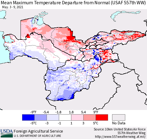 Central Asia Mean Maximum Temperature Departure from Normal (USAF 557th WW) Thematic Map For 5/3/2021 - 5/9/2021