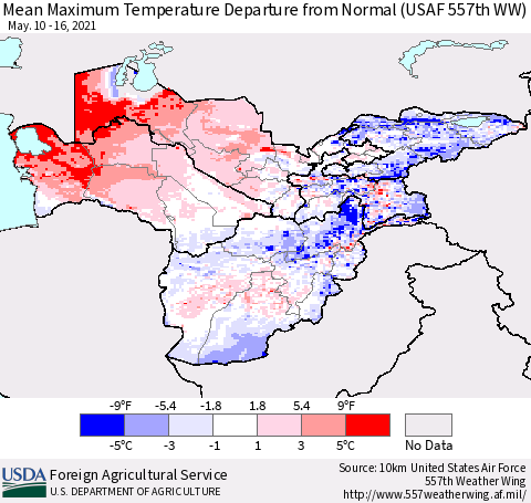Central Asia Mean Maximum Temperature Departure from Normal (USAF 557th WW) Thematic Map For 5/10/2021 - 5/16/2021