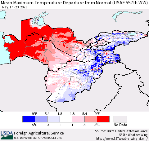 Central Asia Mean Maximum Temperature Departure from Normal (USAF 557th WW) Thematic Map For 5/17/2021 - 5/23/2021
