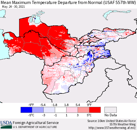 Central Asia Mean Maximum Temperature Departure from Normal (USAF 557th WW) Thematic Map For 5/24/2021 - 5/30/2021