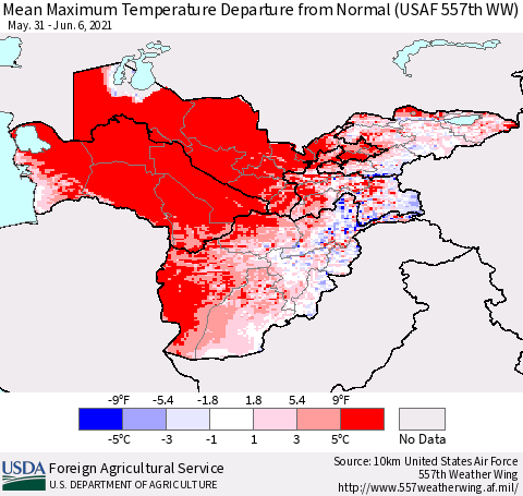 Central Asia Mean Maximum Temperature Departure from Normal (USAF 557th WW) Thematic Map For 5/31/2021 - 6/6/2021