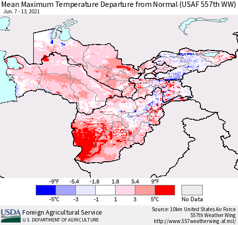 Central Asia Mean Maximum Temperature Departure from Normal (USAF 557th WW) Thematic Map For 6/7/2021 - 6/13/2021
