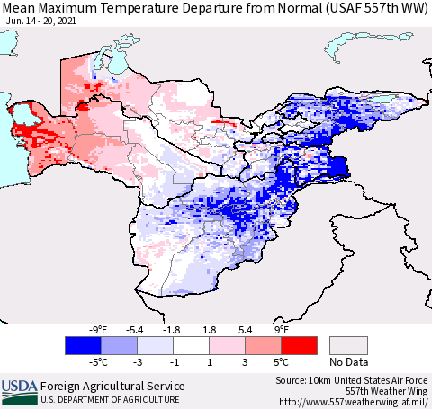 Central Asia Mean Maximum Temperature Departure from Normal (USAF 557th WW) Thematic Map For 6/14/2021 - 6/20/2021