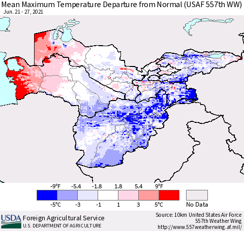 Central Asia Mean Maximum Temperature Departure from Normal (USAF 557th WW) Thematic Map For 6/21/2021 - 6/27/2021