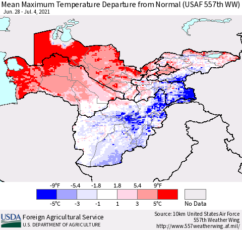 Central Asia Mean Maximum Temperature Departure from Normal (USAF 557th WW) Thematic Map For 6/28/2021 - 7/4/2021