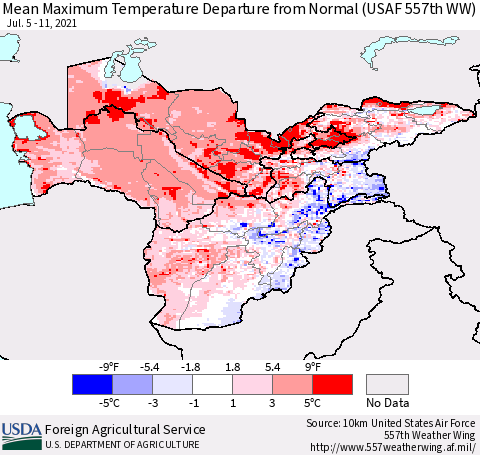 Central Asia Mean Maximum Temperature Departure from Normal (USAF 557th WW) Thematic Map For 7/5/2021 - 7/11/2021