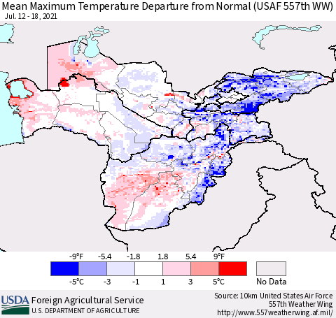 Central Asia Mean Maximum Temperature Departure from Normal (USAF 557th WW) Thematic Map For 7/12/2021 - 7/18/2021