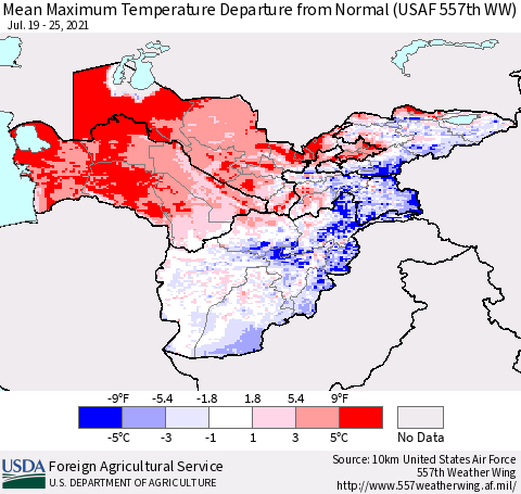 Central Asia Mean Maximum Temperature Departure from Normal (USAF 557th WW) Thematic Map For 7/19/2021 - 7/25/2021