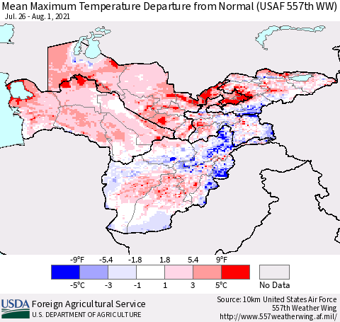 Central Asia Mean Maximum Temperature Departure from Normal (USAF 557th WW) Thematic Map For 7/26/2021 - 8/1/2021