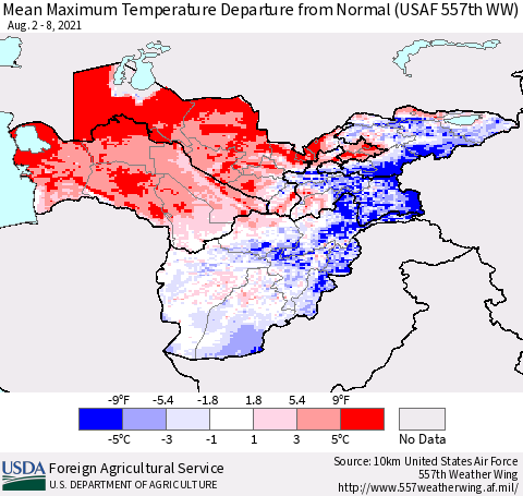 Central Asia Mean Maximum Temperature Departure from Normal (USAF 557th WW) Thematic Map For 8/2/2021 - 8/8/2021
