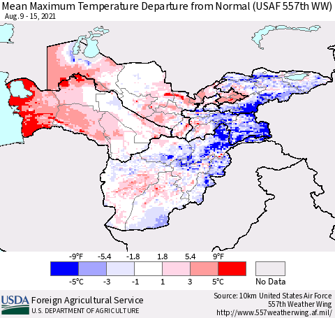 Central Asia Mean Maximum Temperature Departure from Normal (USAF 557th WW) Thematic Map For 8/9/2021 - 8/15/2021