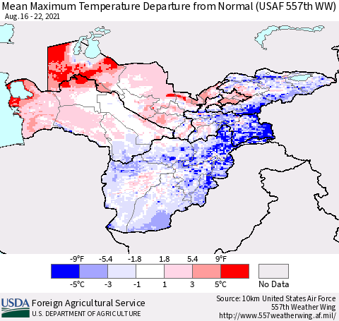 Central Asia Mean Maximum Temperature Departure from Normal (USAF 557th WW) Thematic Map For 8/16/2021 - 8/22/2021