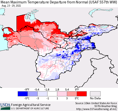 Central Asia Mean Maximum Temperature Departure from Normal (USAF 557th WW) Thematic Map For 8/23/2021 - 8/29/2021