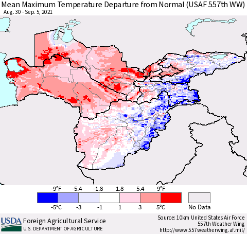 Central Asia Mean Maximum Temperature Departure from Normal (USAF 557th WW) Thematic Map For 8/30/2021 - 9/5/2021