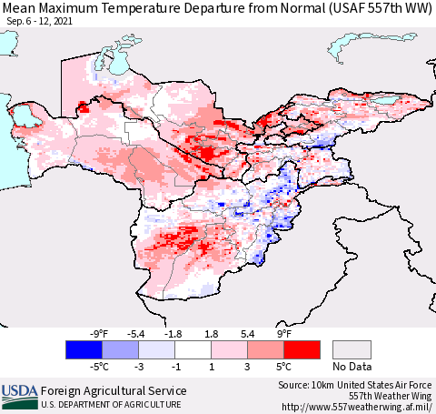 Central Asia Mean Maximum Temperature Departure from Normal (USAF 557th WW) Thematic Map For 9/6/2021 - 9/12/2021