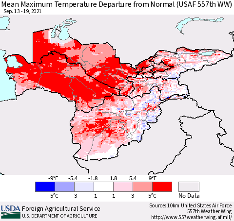 Central Asia Mean Maximum Temperature Departure from Normal (USAF 557th WW) Thematic Map For 9/13/2021 - 9/19/2021