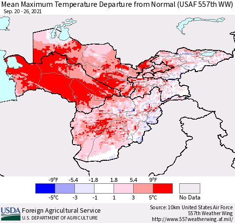 Central Asia Mean Maximum Temperature Departure from Normal (USAF 557th WW) Thematic Map For 9/20/2021 - 9/26/2021