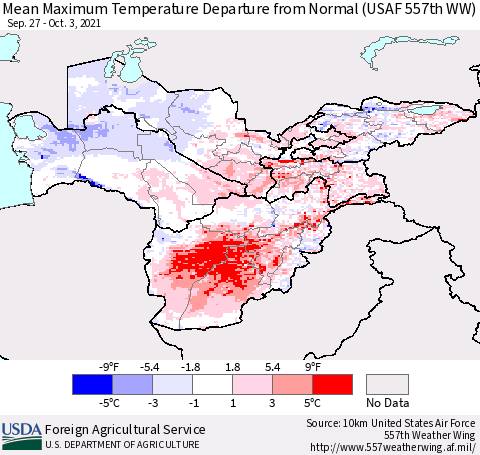 Central Asia Mean Maximum Temperature Departure from Normal (USAF 557th WW) Thematic Map For 9/27/2021 - 10/3/2021