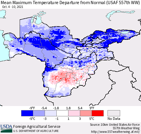 Central Asia Mean Maximum Temperature Departure from Normal (USAF 557th WW) Thematic Map For 10/4/2021 - 10/10/2021