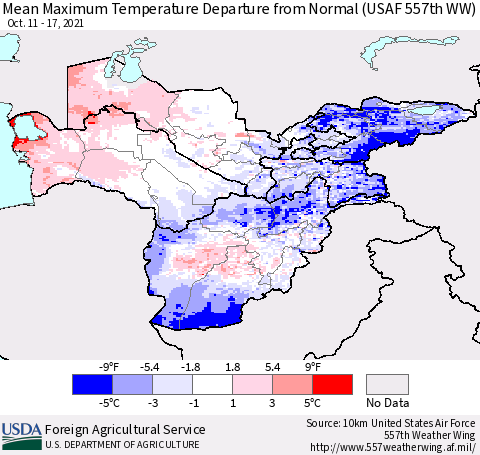 Central Asia Mean Maximum Temperature Departure from Normal (USAF 557th WW) Thematic Map For 10/11/2021 - 10/17/2021