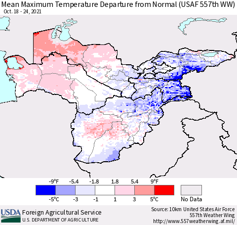 Central Asia Mean Maximum Temperature Departure from Normal (USAF 557th WW) Thematic Map For 10/18/2021 - 10/24/2021