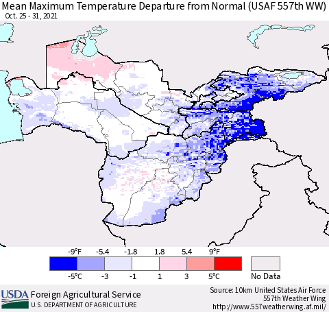Central Asia Mean Maximum Temperature Departure from Normal (USAF 557th WW) Thematic Map For 10/25/2021 - 10/31/2021