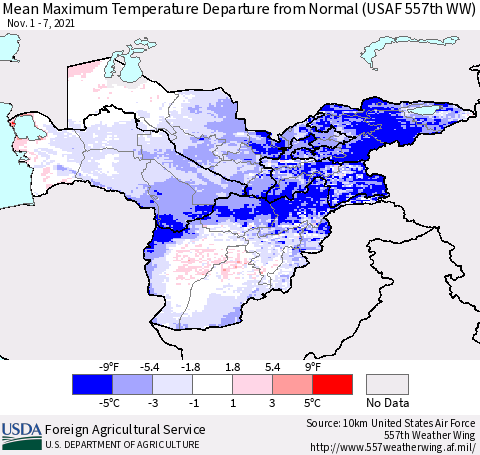 Central Asia Mean Maximum Temperature Departure from Normal (USAF 557th WW) Thematic Map For 11/1/2021 - 11/7/2021
