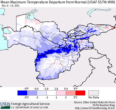 Central Asia Mean Maximum Temperature Departure from Normal (USAF 557th WW) Thematic Map For 11/8/2021 - 11/14/2021