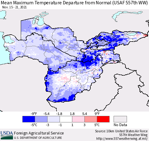 Central Asia Mean Maximum Temperature Departure from Normal (USAF 557th WW) Thematic Map For 11/15/2021 - 11/21/2021