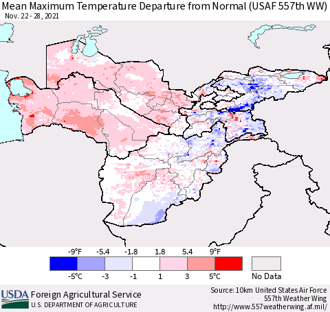 Central Asia Mean Maximum Temperature Departure from Normal (USAF 557th WW) Thematic Map For 11/22/2021 - 11/28/2021