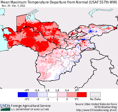Central Asia Mean Maximum Temperature Departure from Normal (USAF 557th WW) Thematic Map For 11/29/2021 - 12/5/2021