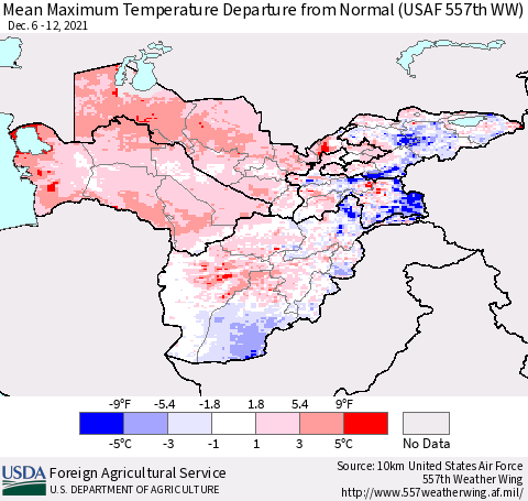 Central Asia Mean Maximum Temperature Departure from Normal (USAF 557th WW) Thematic Map For 12/6/2021 - 12/12/2021