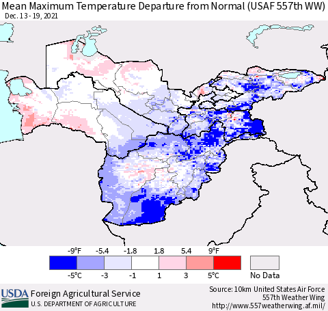 Central Asia Mean Maximum Temperature Departure from Normal (USAF 557th WW) Thematic Map For 12/13/2021 - 12/19/2021