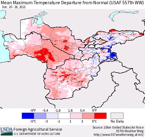 Central Asia Mean Maximum Temperature Departure from Normal (USAF 557th WW) Thematic Map For 12/20/2021 - 12/26/2021