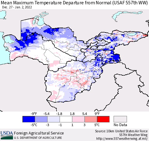 Central Asia Mean Maximum Temperature Departure from Normal (USAF 557th WW) Thematic Map For 12/27/2021 - 1/2/2022