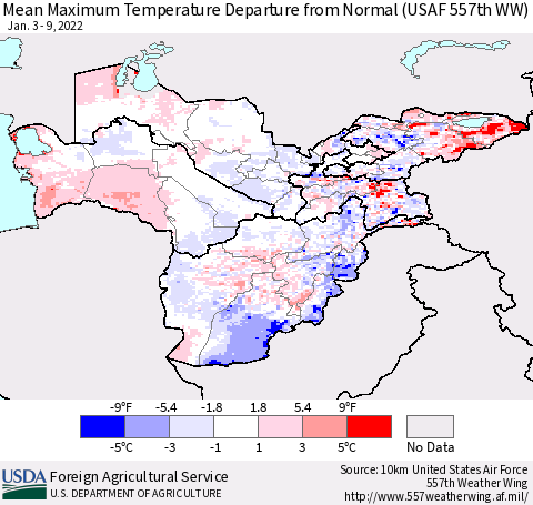 Central Asia Mean Maximum Temperature Departure from Normal (USAF 557th WW) Thematic Map For 1/3/2022 - 1/9/2022