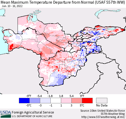 Central Asia Mean Maximum Temperature Departure from Normal (USAF 557th WW) Thematic Map For 1/10/2022 - 1/16/2022