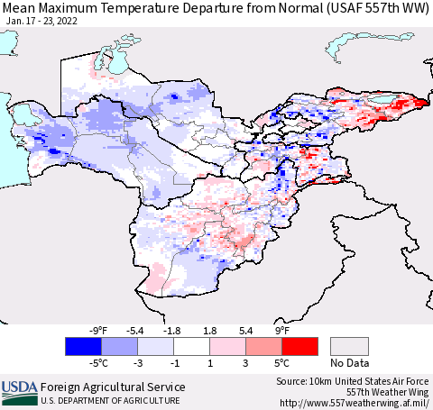 Central Asia Mean Maximum Temperature Departure from Normal (USAF 557th WW) Thematic Map For 1/17/2022 - 1/23/2022