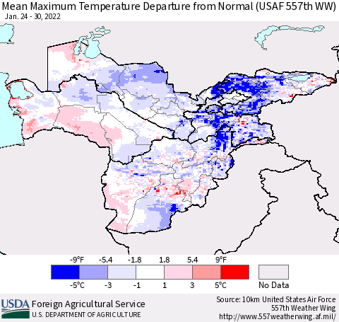 Central Asia Mean Maximum Temperature Departure from Normal (USAF 557th WW) Thematic Map For 1/24/2022 - 1/30/2022