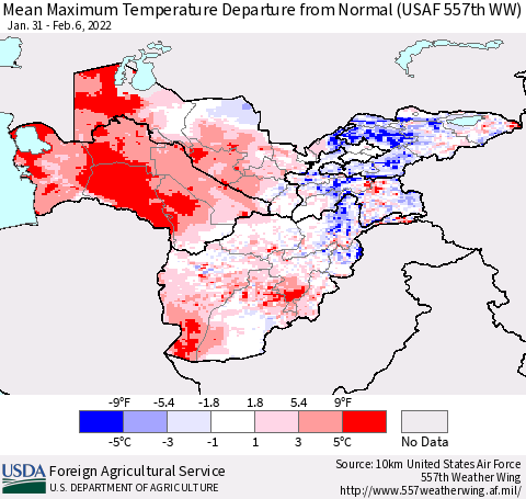 Central Asia Mean Maximum Temperature Departure from Normal (USAF 557th WW) Thematic Map For 1/31/2022 - 2/6/2022