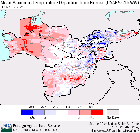 Central Asia Mean Maximum Temperature Departure from Normal (USAF 557th WW) Thematic Map For 2/7/2022 - 2/13/2022