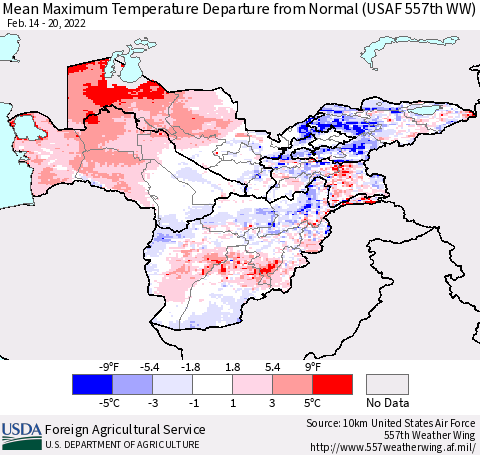 Central Asia Mean Maximum Temperature Departure from Normal (USAF 557th WW) Thematic Map For 2/14/2022 - 2/20/2022
