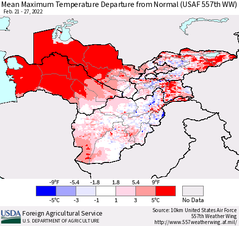 Central Asia Mean Maximum Temperature Departure from Normal (USAF 557th WW) Thematic Map For 2/21/2022 - 2/27/2022